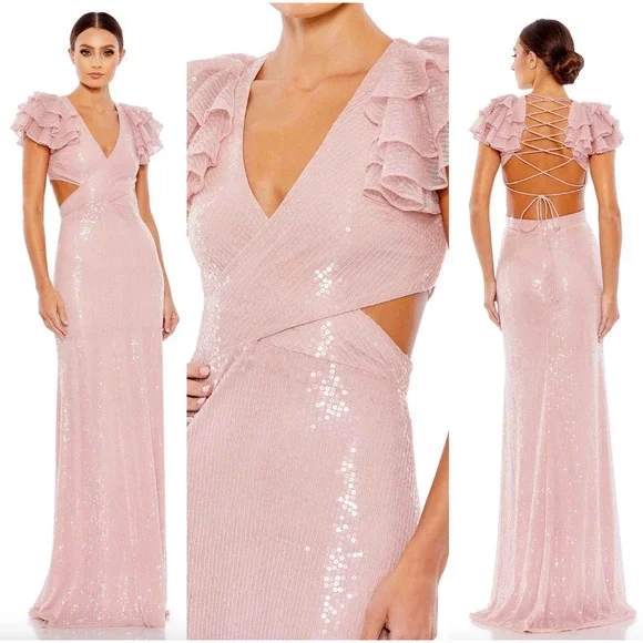 Mac Duggal Sequined Ruffled Cut Out Lace Up Gown In Rose Pink 10829 Size 8 New - Picture 1 of 16
